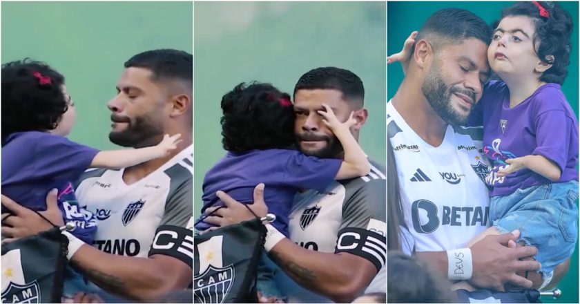 Hulk emociona-se ao entrar em campo com adepta com doença rara