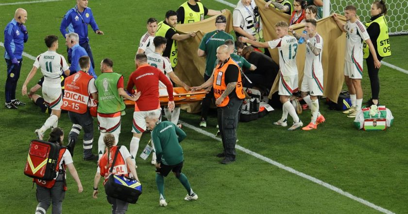O momento em que jogador da Hungria chocou com o guarda-redes e perdeu os sentidos (VÍDEO)