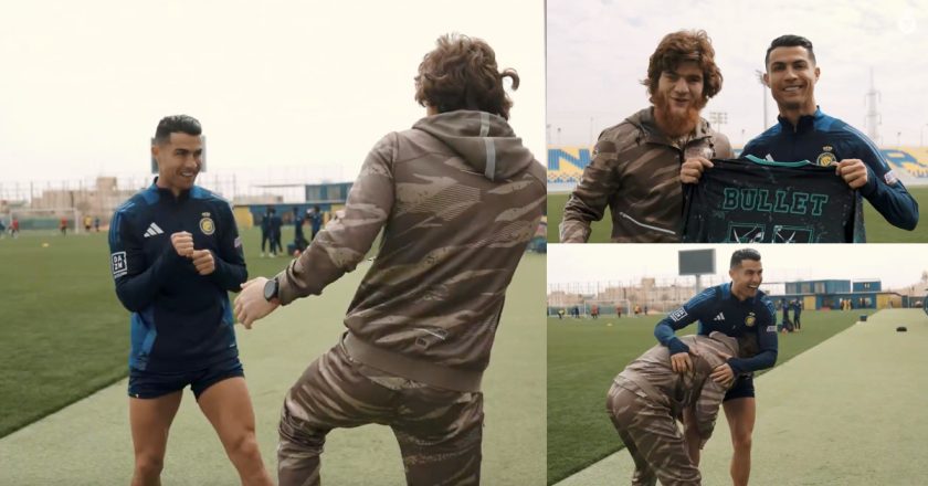 Cristiano Ronaldo recebe lutador russo no Al Nassr e ambos cumprimentam-se com gestos de luta